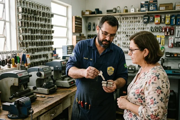Chaveiro explicando sobre segurança de chaves em Fazenda Rio Grande.
